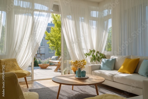Sunny living room opening to a modern outdoor patio