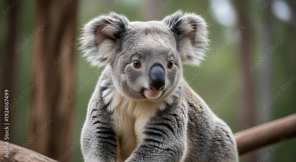 Fototapeta premium A close-up portrait of a koala bear sitting on a tree branch in a forest