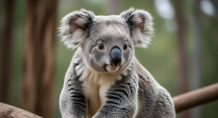A close-up portrait of a koala bear sitting on a tree branch in a forest