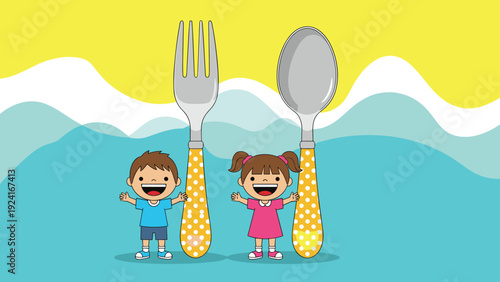 Happy young boy and girl stand beside oversized yellow polka dot fork and spoon set during a mealtime celebration with friends.