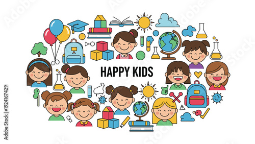 Diverse group of happy children surrounded by school icons including backpacks, globes, books, and science equipment for education theme.
