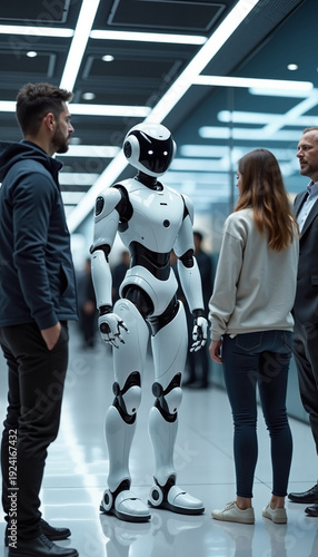 Human interaction with advanced robot in modern office environment showcasing technology and innovation. Individuals engage with humanoid robot that highlights future workplace dynamics.
