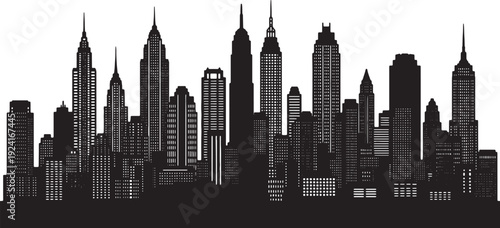 Silhouette skyline of modern city skyscrapers isolated on transparent background, Vector, illustration