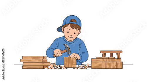 Creative young boy using a hammer and wooden blocks to build something while wearing a blue cap in his workshop area.