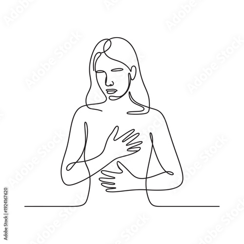 Line drawing depicts a woman holding her chest in a thoughtful pose