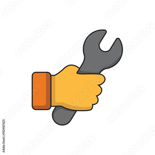 Building maintenance workers with gloved hands grips wrench for repairs. Suitable for construction, maintenance, repair service concepts in design projects.