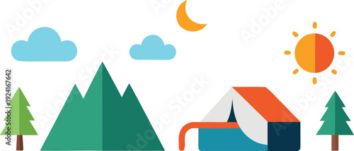 Mountain cabin with trees and weather elements isolated on transparent background, Vector, illustration
