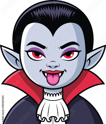 Cute Vampire Cartoon Character Illustration, Halloween Dracula Mascot with Red Eyes and Fangs, Vector Icon Isolated on Background