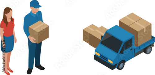 Isometric delivery courier holding cardboard box near customer and truck, ecommerce shipping and logistics service illustration
