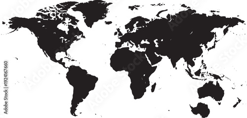 Minimalist black and white world map outline isolated on transparent background, Vector, illustration