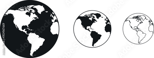 Three scalable Earth globe icons showing the Americas in bold black and white vector style.