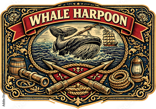 Whale Harpoon Vintage Nautical Badge Logo EPS