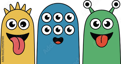 Funny Cartoon Monster Faces Illustration, Colorful Cute Alien Characters with Big Eyes and Tongues, Kids Vector Art