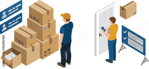 delivery management, isometric logistics illustration, stacked cardboard boxes, parcel shipping workflow, courier verification, digital tracking system, package delivery process,