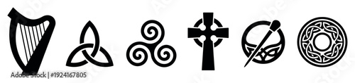 Six traditional black Irish and Celtic symbols in a minimalist icon set, featuring a harp, triquetra, triskele, cross, brooch, and circular knotwork