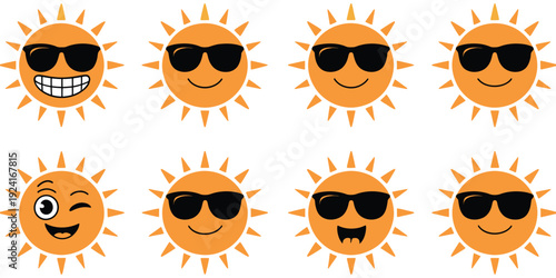 Cute sun emoji set wearing stylish sunglasses, vector collection of yellow sunshine mascots expressing happiness, summer vacation, hot weather, playful emotions, and creative digital or print design 