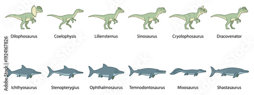 Set of prehistoric dinosaur and marine reptile illustrations with identifying labels, featuring various theropod and ichthyosaur species in a simple, educational cartoon chart format