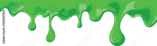 Green Slime Dripping Border Illustration, Toxic Goo Splash Effect with Glossy Liquid Drops, Cartoon Halloween Vector Design Element