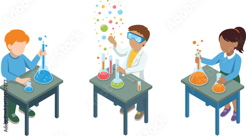 Isometric kids science experiment illustration with children mixing colorful chemicals in laboratory classroom STEM education concept