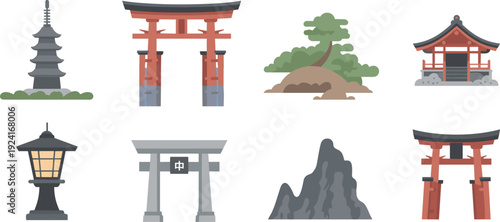 Japanese landmark flat vector icon set, torii gate pagoda shrine lantern mountain landscape minimalist travel illustration collection