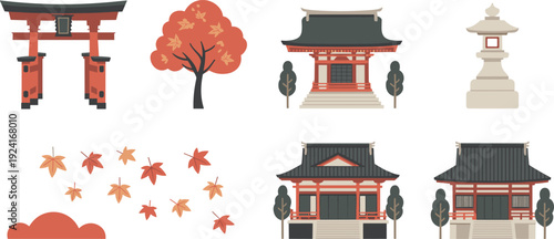 Japanese autumn landmark flat vector set, torii gate temple shrine lantern maple leaves illustration collection