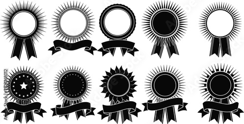 Black vector silhouette set of various award ribbon rosettes and medals with blank banners for competition achievement quality guarantee and success certification branding