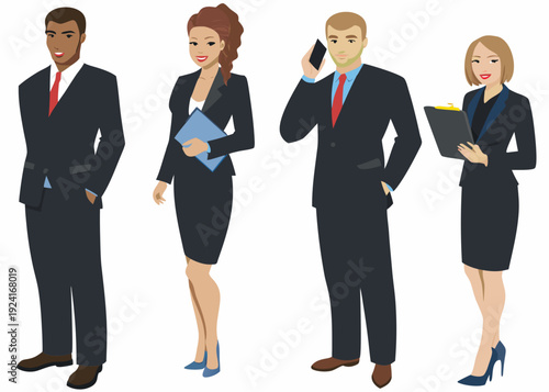 Four business professionals stand in a row diverse and formally dressed