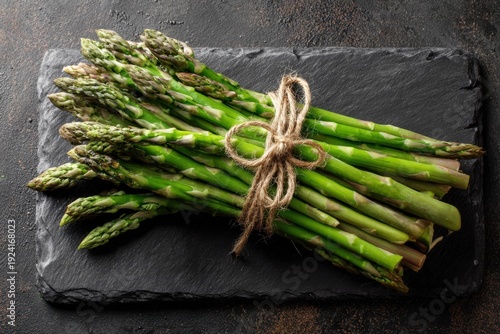 Bundle of fresh green organic asparagus on slate