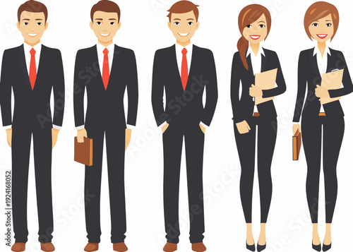 Diverse group of business professionals in formal attire standing in a row