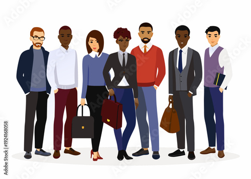 Diverse group of business professionals standing together in a modern illustration