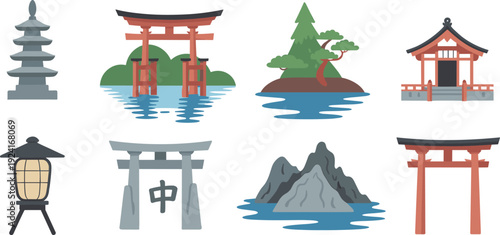 Japanese traditional landmarks flat vector illustration set, torii gates pagoda shrine lantern mountain island water minimalist design collection
