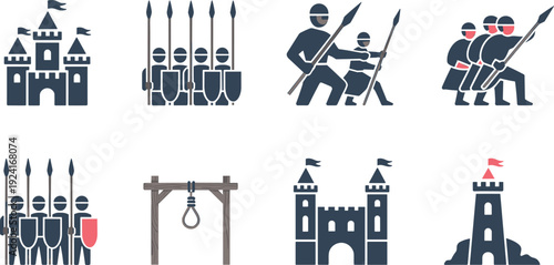 Medieval castle and knight army icon set, fortress soldiers shield spear flat vector illustration collection