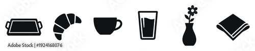 Set of black breakfast glyph icons featuring a serving tray, croissant, coffee cup, glass of juice, flower in a vase, and a folded napkin in a simple, minimalist style