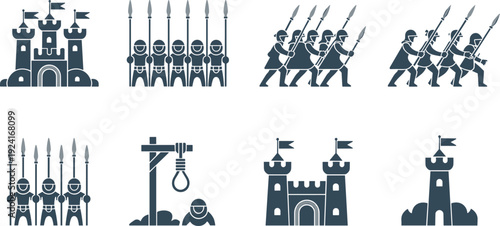 Medieval castle and knight army icon set, minimalist fortress soldiers spear vector illustration collection