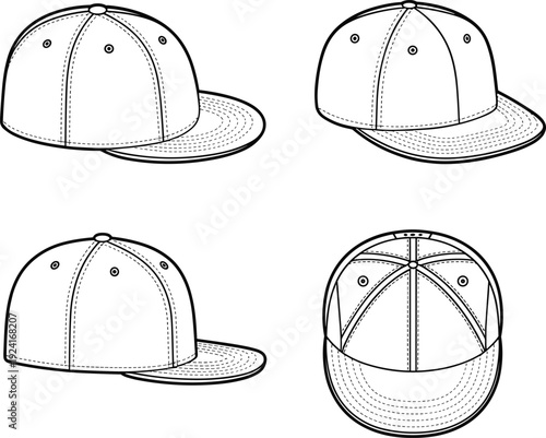 Baseball Cap Technical Drawing Template Set, Multiple Angle Views Outline, Vector Headwear Design Illustration for Apparel Production