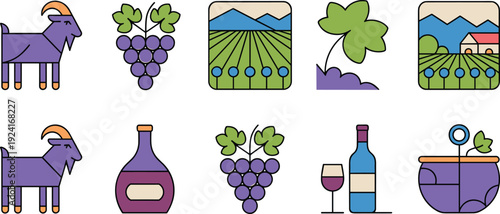 Minimalist wine and vineyard icon set featuring goat, grapes, landscape, clover, farm, bottle, glass, barrel illustrations