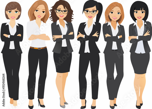 Six cartoon women in business attire standing in a row