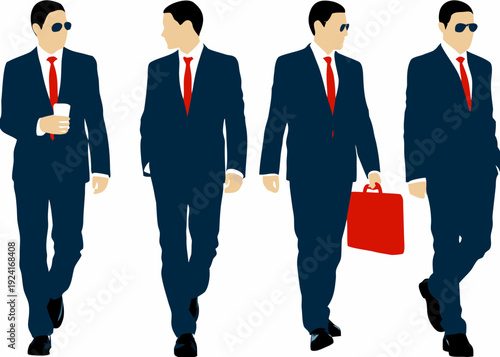 Four stylized businessmen walking in suits and sunglasses