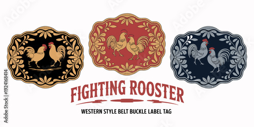Fighting Rooster Western Belt Buckle Label Design Gold Winner Emblem Graphic
Stylized fighting rooster emblem for western belt buckle label, ranch style winner badge featuring ornate gold details, cou