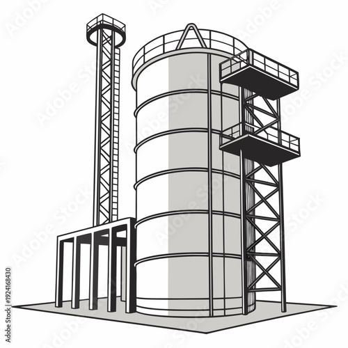 Industrial facility with cylindrical storage tank and tower