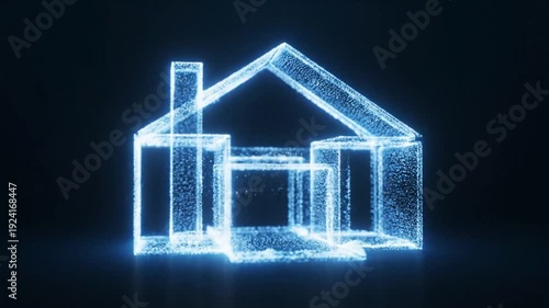 Abstract glowing house particle effect transforming and building up then dissolving from a digital blueprint visualization