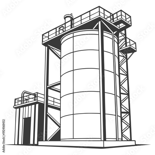 A large cylindrical tank with a walkway and staircase
