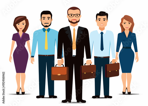 A diverse group of business professionals standing in a row looking forward