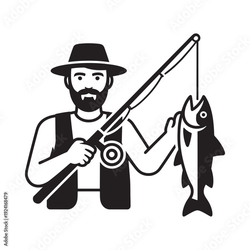 A stylized fisherman proudly displays a freshly caught fish