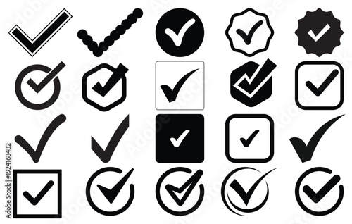 A comprehensive collection of diverse black checkmark vector graphic icons and symbols, illustrating concepts of approval, verification, completion, selection, and correctness for various design needs