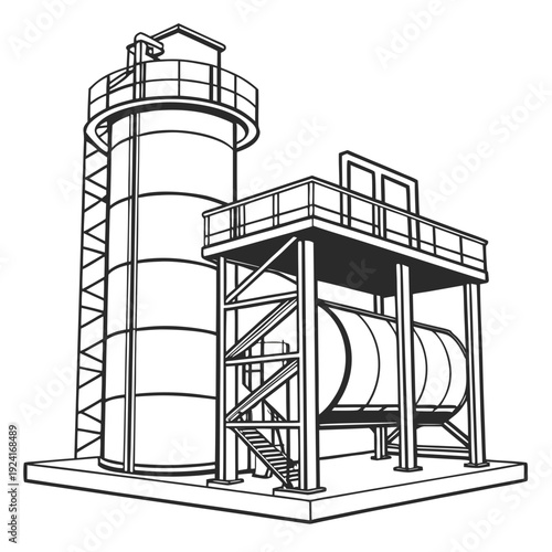 A large industrial tank and cylindrical structure