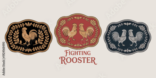 Fighting Rooster Western Belt Buckle Label Design Gold Winner Emblem Graphic
Stylized fighting rooster emblem for western belt buckle label, ranch style winner badge featuring ornate gold details, cou
