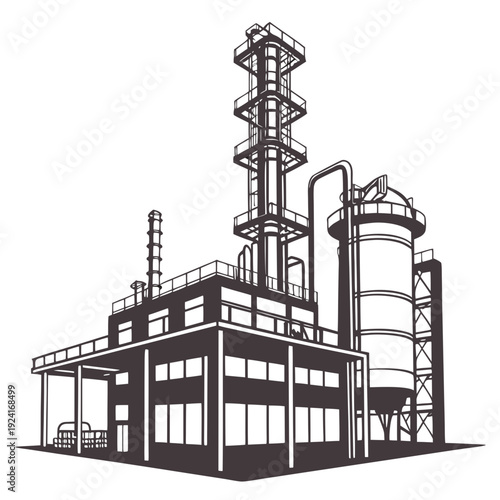 An industrial building with a tall tower and a silo
