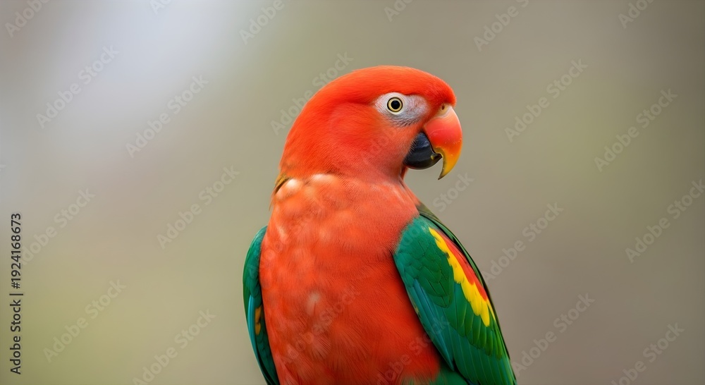 Fototapeta premium A vibrant parrot with bright orange feathers and green wings perches against a blurred background