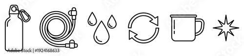 Black and white line art icon set showing a water bottle with carabiner, coiled hose, droplets, refresh arrows, a mug, and a sparkle symbol in a clean, minimalist style